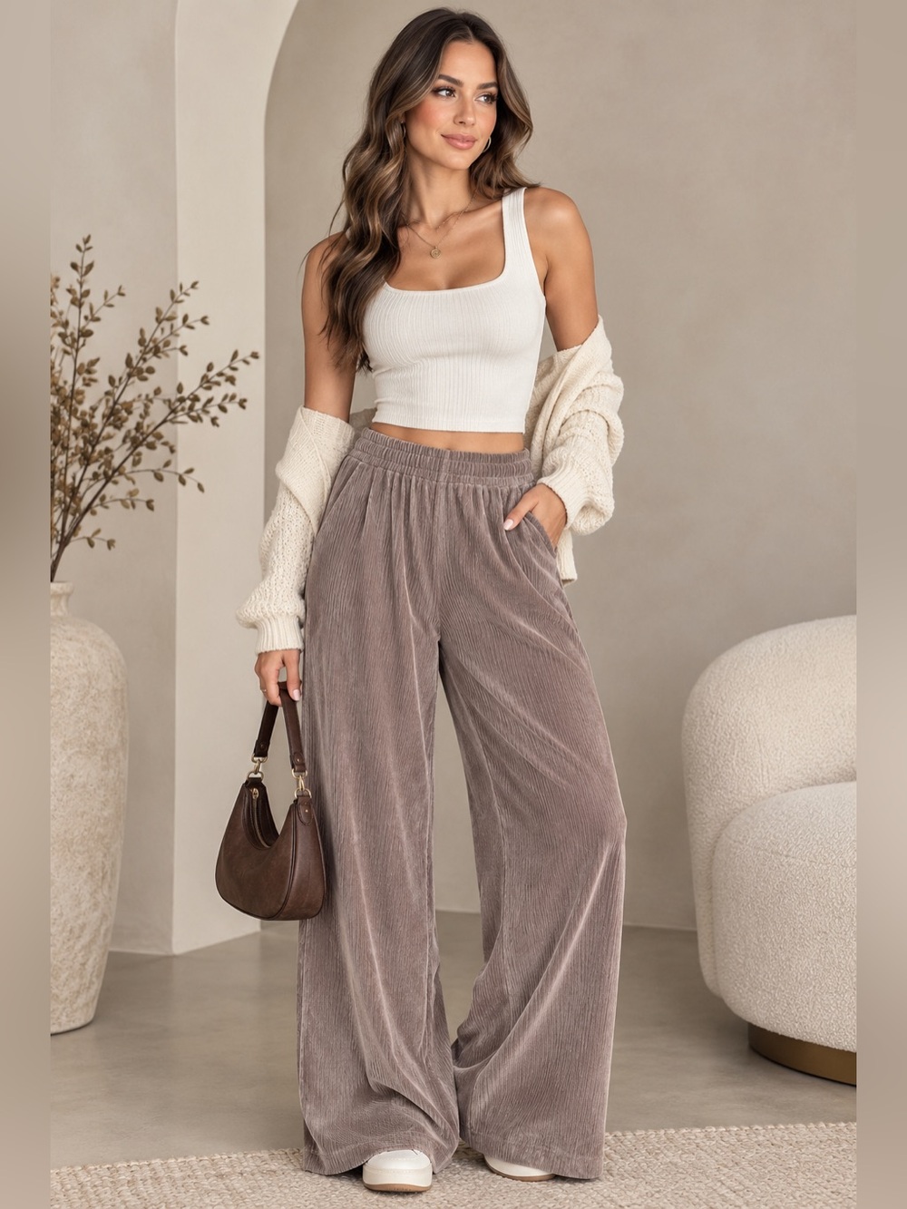 RO&DE Pleated Plissé wide-leg pants Taupe Size Large
